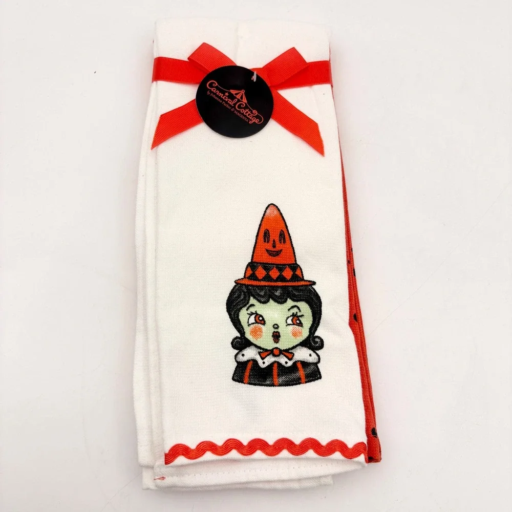 Johanna Parker Carnival Cottage Halloween Witch Kitchen Towel Set of 2 Magenta